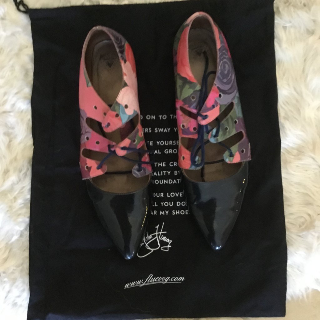 John Fluevog Black Patent Pointed Toe Floral Lace-Up Flats